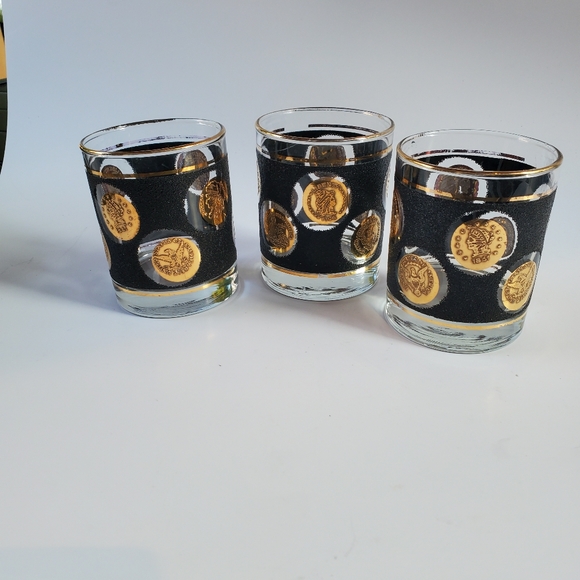 Libbey Other - 3 Libbey Whiskey Glasses Gold Coins Black Pebble Texture‎ Mid-century Modern